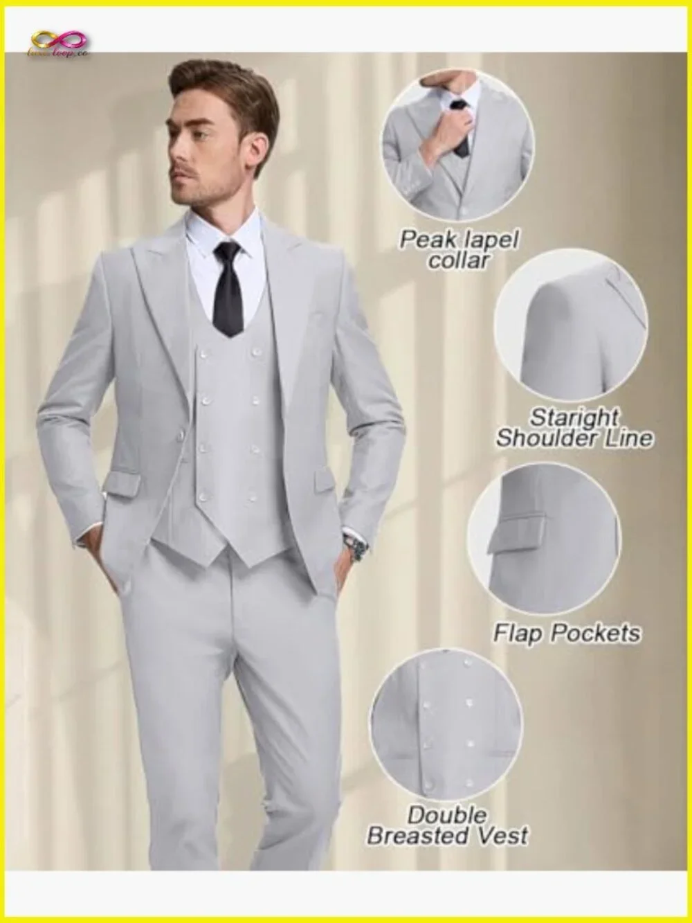 Slim Fit Double Breasted 3-Piece Suit Elegant Business Formal Wedding Tuxedo